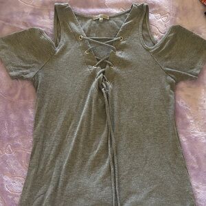 Gray Lace-Up Cold Shoulder Top